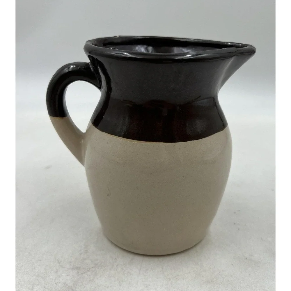 Vintage Stoneware Pitcher Brown Tan Glazed Two Tone Farmhouse Creamer 4.75in